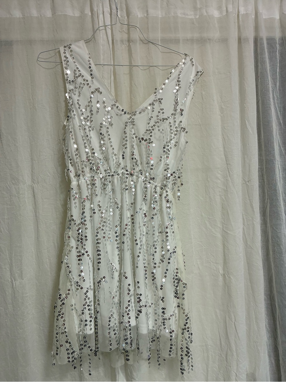 White Sequin V-Neck Mini Dress with Silver Embellishments